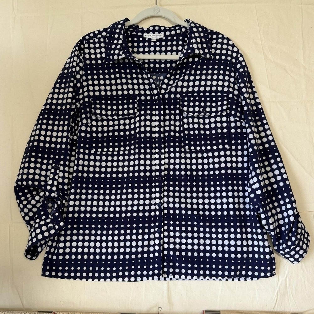 Notations Women L Blue Polka Dot Button Front Blouse Roll Tab Long Sleeve